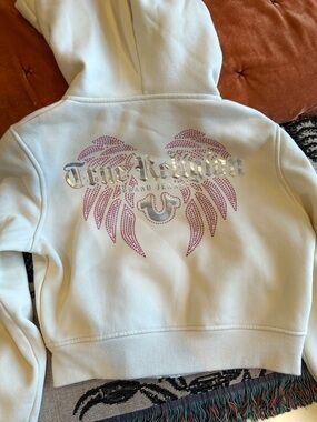 True Religion Women's Hoodie with Silver & Pink Wing Back Design